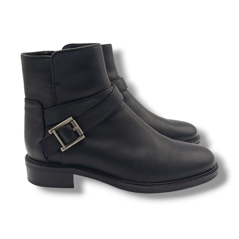 Aquatalia Nellie‎ Calf Boots Womens 7 Black Weatherproof Leather Moto Buckle